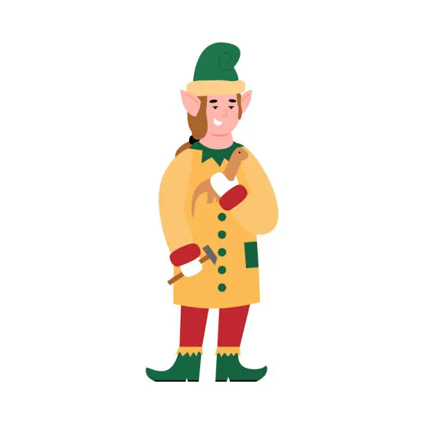 Vector illustration of Santas helper elf character making a toy, flat vector illustration isolated.