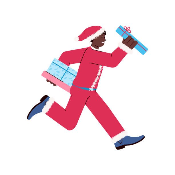 istock Black skin man in Santa costume with gifts flat vector illustration isolated. 1285584527