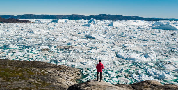 Travel in arctic landscape nature with icebergs - Greenland tourist man explorer Travel in arctic landscape nature with icebergs - Greenland tourist man explorer - tourist person looking at amazing view of Greenland icefjord - aerial drone image. Man by ice and iceberg, Ilulissat. greenland stock pictures, royalty-free photos & images