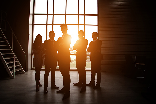 Global Business people team silhouettes. Silhouette of Business People Posing by Window