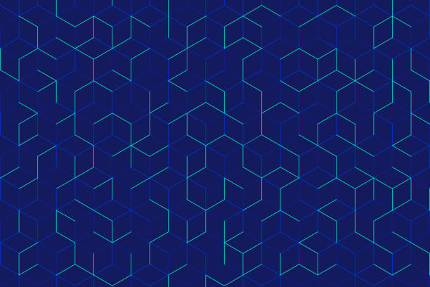 진한 파란색 배경의 추상 녹색 큐브 패턴입니다. 현대 라인 사각 메쉬. 간단한 평면 기하학적 디자인. 커버, 포스터, 배너 웹, 전단지, 방문 페이지, 인쇄 광고에 사용할 수 있습니다. - 패턴 stock illustrations