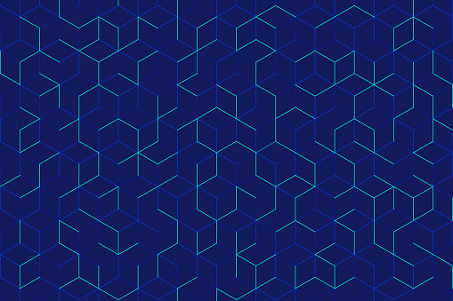 Abstract green cube pattern on dark blue background. Modern lines square mesh. Simple flat geometric design. You can use for cover, poster, banner web, flyer, Landing page, Print ad. Vector illustration.