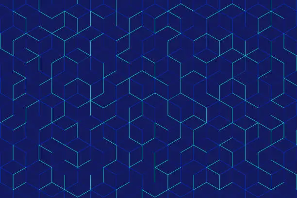 Vector illustration of Abstract green cube pattern on dark blue background. Modern lines square mesh. Simple flat geometric design. You can use for cover, poster, banner web, flyer, Landing page, Print ad.