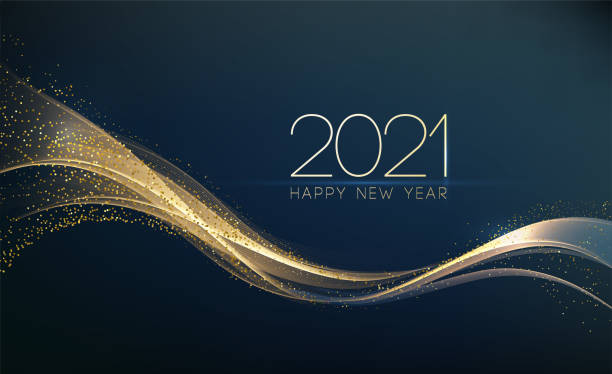 2021 New Year Abstract shiny color gold wave design element 2020 New year with Abstract shiny color gold wave design element and glitter effect on dark background. For Calendar, poster design congratulating stock illustrations