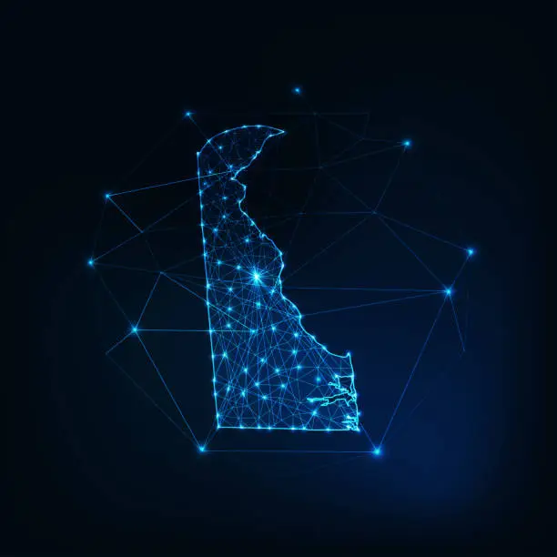 Vector illustration of Delaware state USA map glowing silhouette made of stars lines dots triangles, low polygonal shapes.