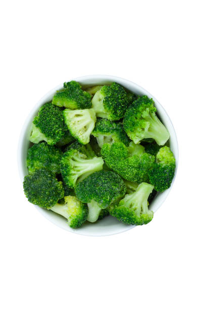 istock Frozen broccoli florets in a bowl isolated on white background, top view 1285592565