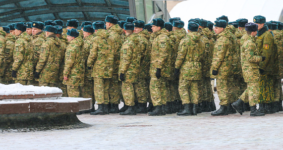 The Belarusian army queue up in Minsk, Belarus. January 2018