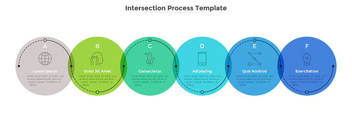 Process diagram with six intersected colorful translucent round elements. Concept of 6 development stages of business project. Flat infographic design template. Vector illustration for progress bar.