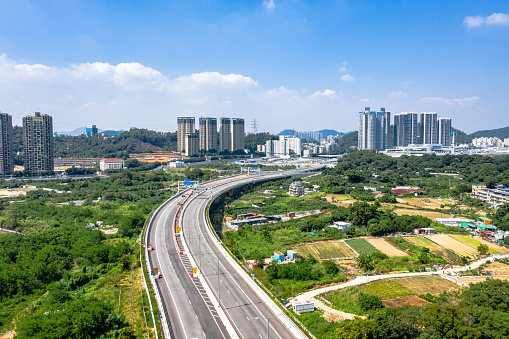 Drone view of Heung Yuen Wai (HYW) Highway in Hong Kong