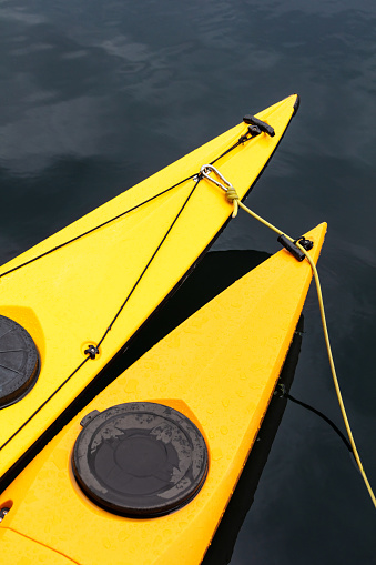 yellow kayaks on the dark water