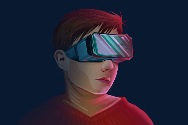 Portrait of a boy with VR headset in neon colors Illustration of a boy with a virtual reality headset. Portrait of a boy isolated on a pink background. VR games neon portrait boy stock illustrations