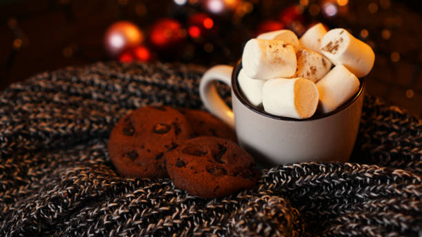 istock Mug with marshmallows and chocolate chip cookies on dark Christmas background 1285601631