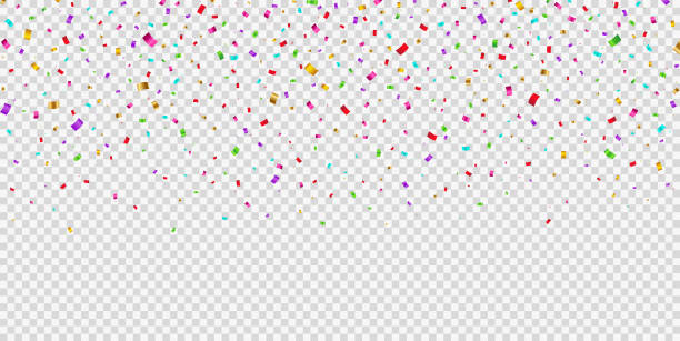 ilustrações de stock, clip art, desenhos animados e ícones de falling shiny bright confetti on transparent background. party and birthday festive tinsel in gold, red, pink, purple, blue, yellow and green. - confetis