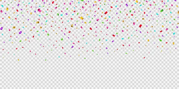 Vector illustration of Falling shiny bright confetti on transparent background. Party and birthday festive tinsel in gold, red, pink, purple, blue, yellow and green.