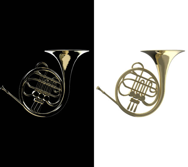 istock Side view of brass french horn with black and white variations 3d rendering 1285604233