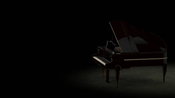 istock Grand piano sittiing on textured floor and black background side view 3d rendering 1285604250