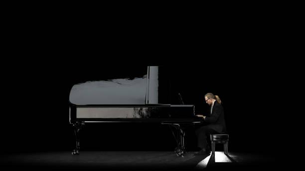 istock Pianist playing grand black piano on stage with spot light, view from side 3d rendering 1285604252