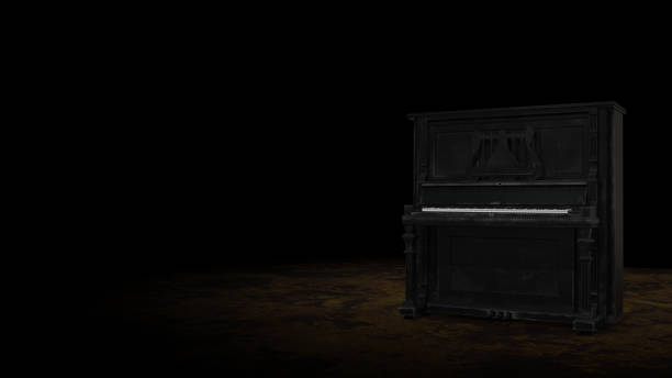 istock Old vintage piano with black background and red floor 3d rendering 1285604258