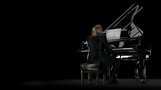 Pianist performing on piano looking focused view from back 3d rendering