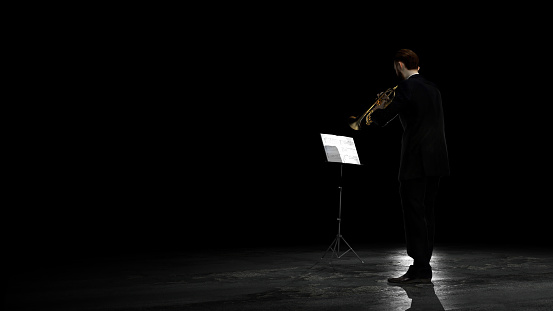 Trumpet player performing on stage alone black background concrete floor 3d rendering