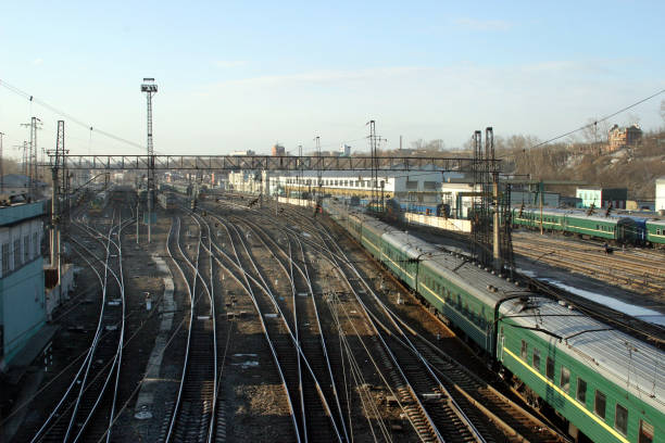 Large railway junction and train station on the river bank in Eastern Siberia