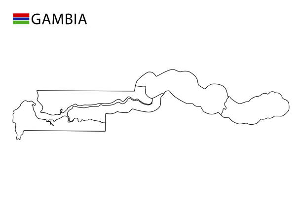 карта гамбии, черно-белые подробные наброски регионов страны. - senegal africa vector illustration and painting stock illustrations