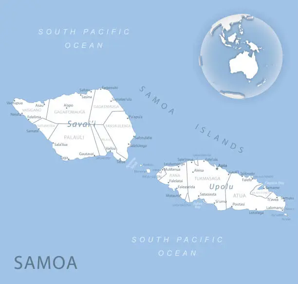 Vector illustration of Blue-gray detailed map of Samoa administrative divisions and location on the globe.