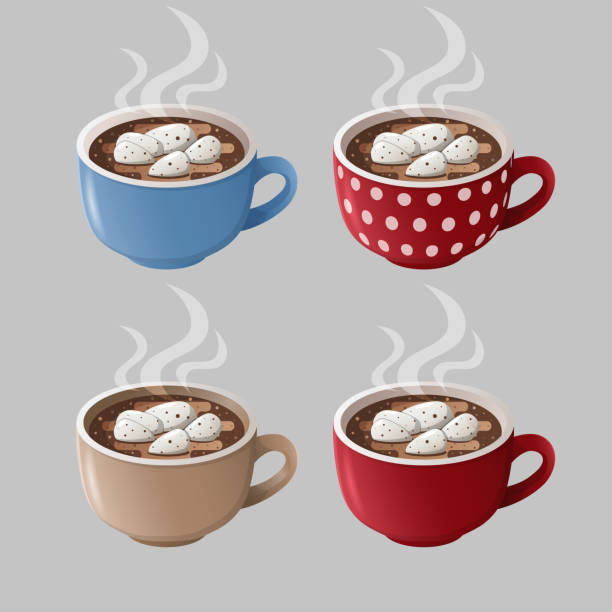 illustrations, cliparts, dessins animés et icônes de tasses de cacao isolées sur un fond blanc. tasses colorées avec chocolat chaud et guimauves. - tea cup cup shape red