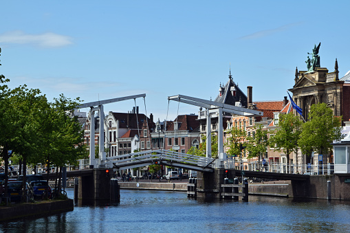 wooden drawbridge over the river Spaarne in the center of Haarlem