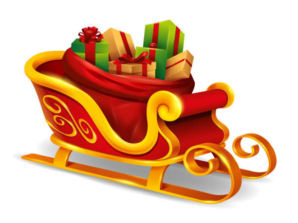 istock Christmas Santa Claus sleigh with sack bag loaded with gift box presents. Isolated. 1285609816
