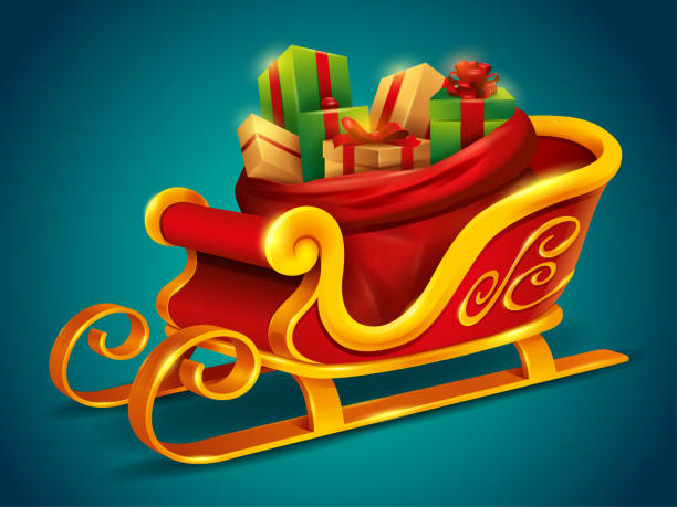istock Christmas Santa Claus sleigh with sack bag loaded with gift box presents. Isolated. 1285609825