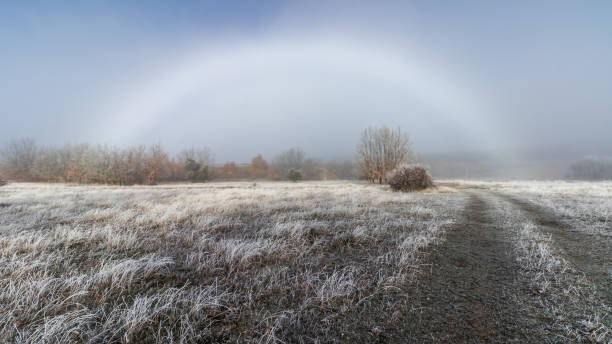 icy landscape with rainbow on the horizon, soil frozen by the intense cold of winter. - congelação imagens e fotografias de stock