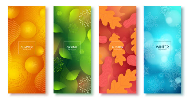 ilustrações de stock, clip art, desenhos animados e ícones de season abstract vector poster set. seasonal colorful background like summer, spring, autumn and winter - focus on background ilustrações