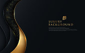 istock Abstract wavy overlapping on black background with glitter and golden lines glowing dots golden combinations. Luxury and elegant design. Vector illustration 1285612673