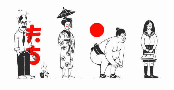 Japan. Vector cartoon illustration with Asian peoples. Japanese Characters, white background. Man, woman, sumo wrestler, schoolgirl. Japan. Vector cartoon illustration with Asian peoples. Japanese Characters, white background. Man, woman, sumo wrestler, schoolgirl. Outline style. cartoon of the famous chinese warriors stock illustrations