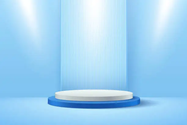 Vector illustration of Abstract round display for product on website in modern. Modern background rendering with podium and minimal light blue texture wall scene, 3d rendering geometric shape blue & white color. Vector EPS