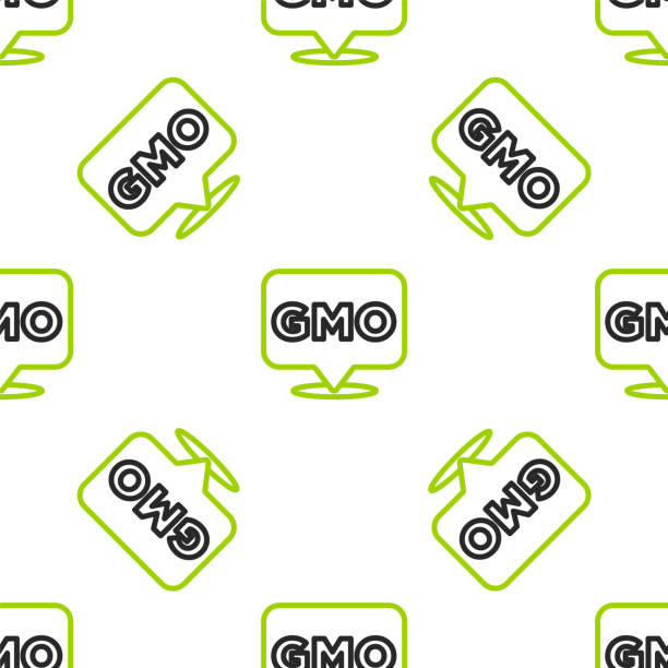 ilustraciones, imágenes clip art, dibujos animados e iconos de stock de icono de omg de línea aislado patrón sin costuras sobre fondo blanco. acrónimo de organismo modificado genéticamente. modificación de alimentos de adn. vector - genetic modified organism