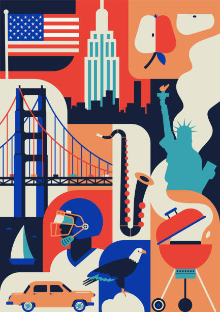 Vector illustration icon set of New York, flat style, color background, poster, collection of american landmarks. Vector illustration icon set of New York, flat style, color background, poster, collection of american landmarks. Bridge, yacht, car, rugby player, sax, building, flag. new york city illustrations stock illustrations
