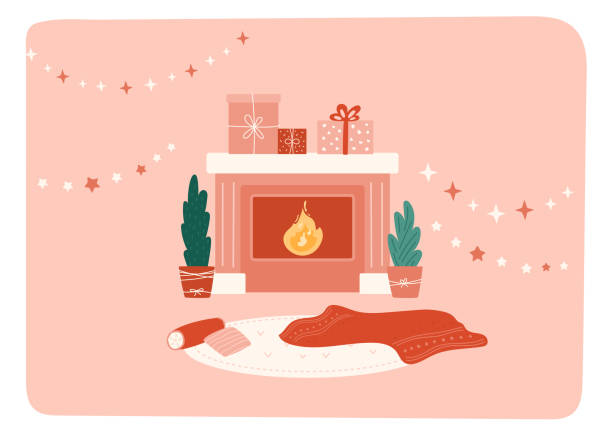 ilustrações de stock, clip art, desenhos animados e ícones de simple interior with fireplace, set of gift boxes, stars garland. red blanket and pillows on carpet on the floor. christmas, new year card, banner template. - fire place