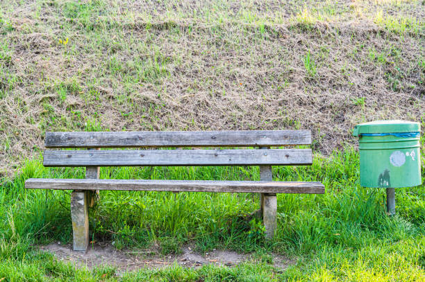 An old wooden bench in a park with greens around it