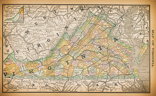 19th century map of Virginia. Published in New Dollar Atlas of the United States and Dominion of Canada. (Rand McNally & Co's, Chicago, 1884).