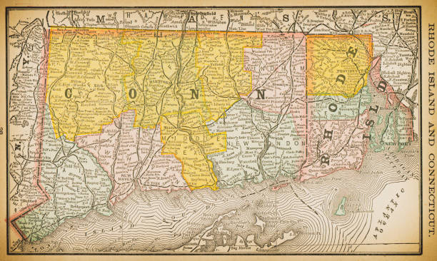 ilustraciones, imágenes clip art, dibujos animados e iconos de stock de mapa del siglo xix de rhode island y connecticut - connecticut map