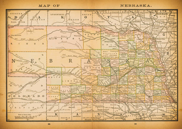 19th century map of Nebraska 19th century map of Nebraska. Published in New Dollar Atlas of the United States and Dominion of Canada. (Rand McNally & Co's, Chicago, 1884). kearney nebraska stock illustrations