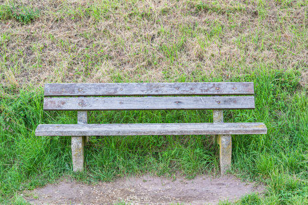 istock An old wooden bench in a park with greens around it 1285622348