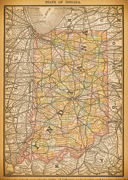19th century map of Indiana 19th century map of Indiana. Published in New Dollar Atlas of the United States and Dominion of Canada. (Rand McNally & Co's, Chicago, 1884). evansville indiana stock illustrations