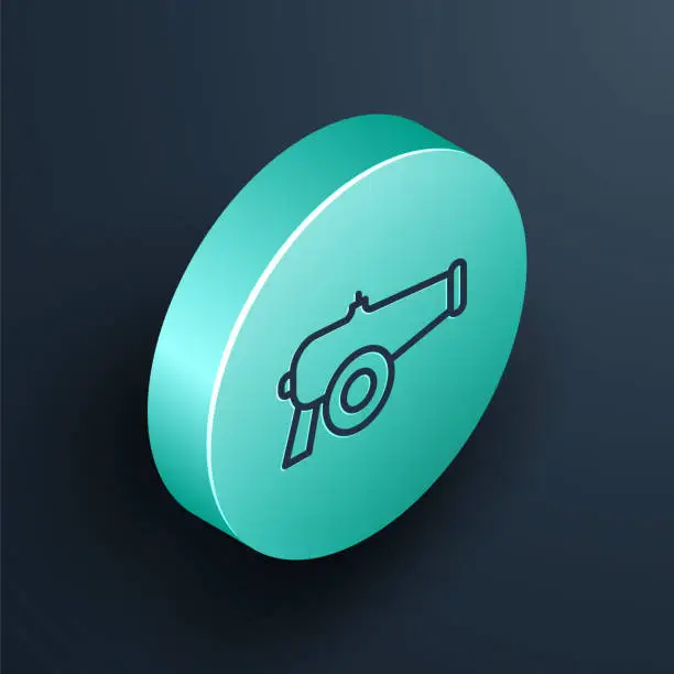 Vector illustration of Isometric line Cannon icon isolated on black background. Turquoise circle button. Vector