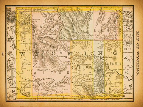 19th century map of Wyoming. Published in New Dollar Atlas of the United States and Dominion of Canada. (Rand McNally & Co's, Chicago, 1884).