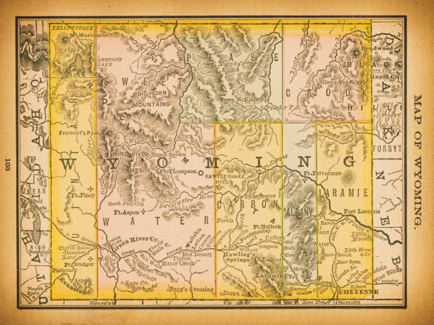 19th century map of Wyoming 19th century map of Wyoming. Published in New Dollar Atlas of the United States and Dominion of Canada. (Rand McNally & Co's, Chicago, 1884). casper wyoming stock illustrations