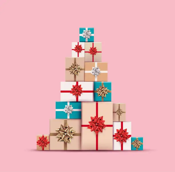 Vector illustration of Christmas gifts or present colored boxes laid out in christmas tree shape isolated on pink background. Realistic vector illustration for christmas banner or flyer design.