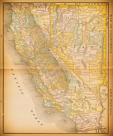 19th century map of California and Nevada. Published in New Dollar Atlas of the United States and Dominion of Canada. (Rand McNally & Co's, Chicago, 1884).